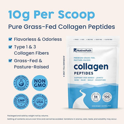 NativePath Collagen Peptides Protein - Hydrolyzed Type 1 & 3 Collagen Powder for Skin, Hair, Nails - 19.8 oz (56 Servings)
