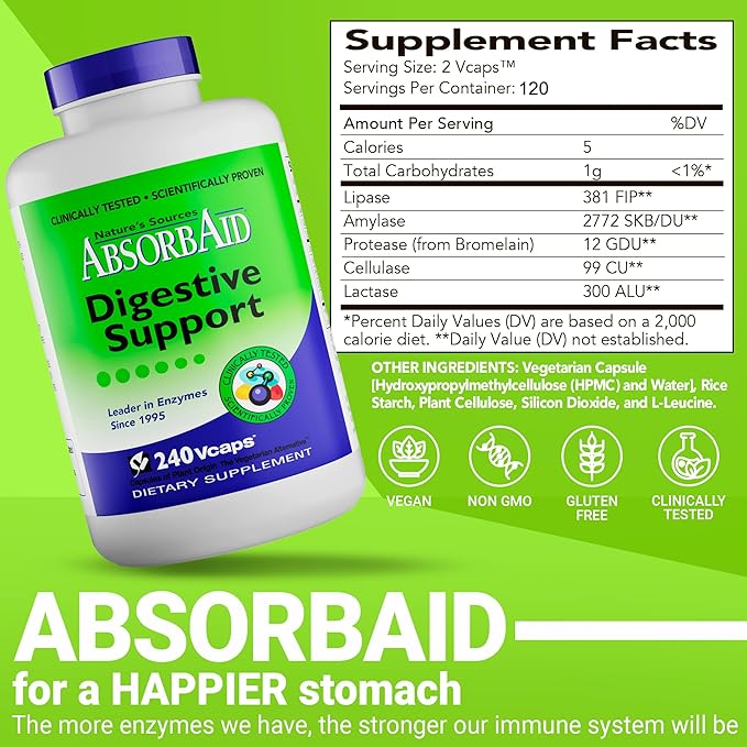 AbsorbAid Original Formula Digestive Support Enzyme Supplement, 240 Veggie Capsules (240 Capsules)