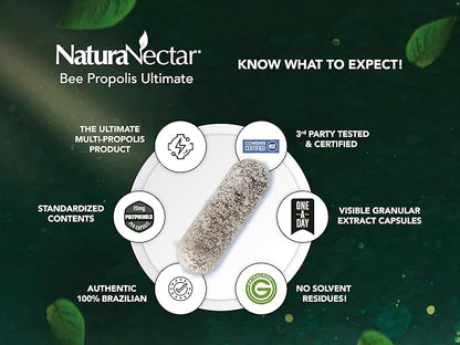 NaturaNectar - Ultimate Bee Propolis Capsules - NSF Contents Certified -Brazilian Red, Brown, & Green - Gluten-Free Supplement with Flavonoids - Naturally Sourced Through Ethical Beekeeping (60pcs.)