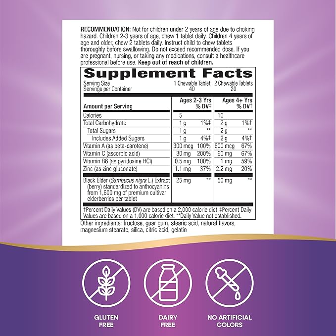 Nature's Way Sambucus Immune Chewable for Kids, Elderberry, Ages 2+, Immune Support*, Vitamins C & A, Zinc, Gluten Free, 40 Chewable Tablets (Packaging May Vary)