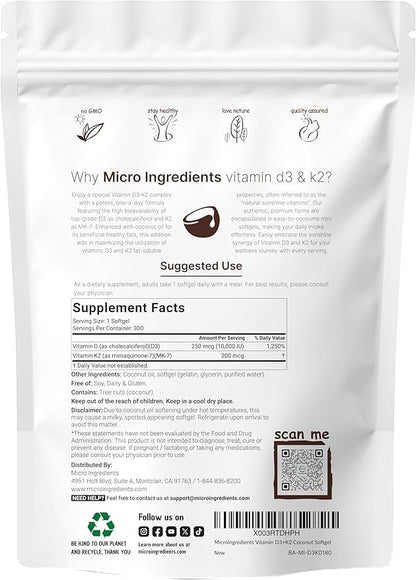 2 Pack Vitamin D3 10000 iu Plus K2 (MK-7) 200 mcg, 300 Virgin Coconut Oil Softgels | 2 in 1 Vitamins D & K Complex | Supports Calcium Absorption, Bone, Immune, & Heart Health – Easy to Swallow