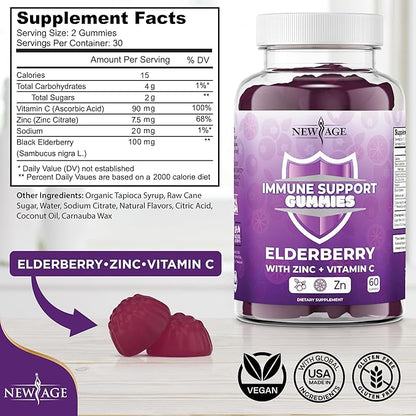 NEW AGE Immune System Support Gummies - Sambucus Black Elderberry Gummies with Vitamin C and Zinc (Immune Support 180 Gummies)