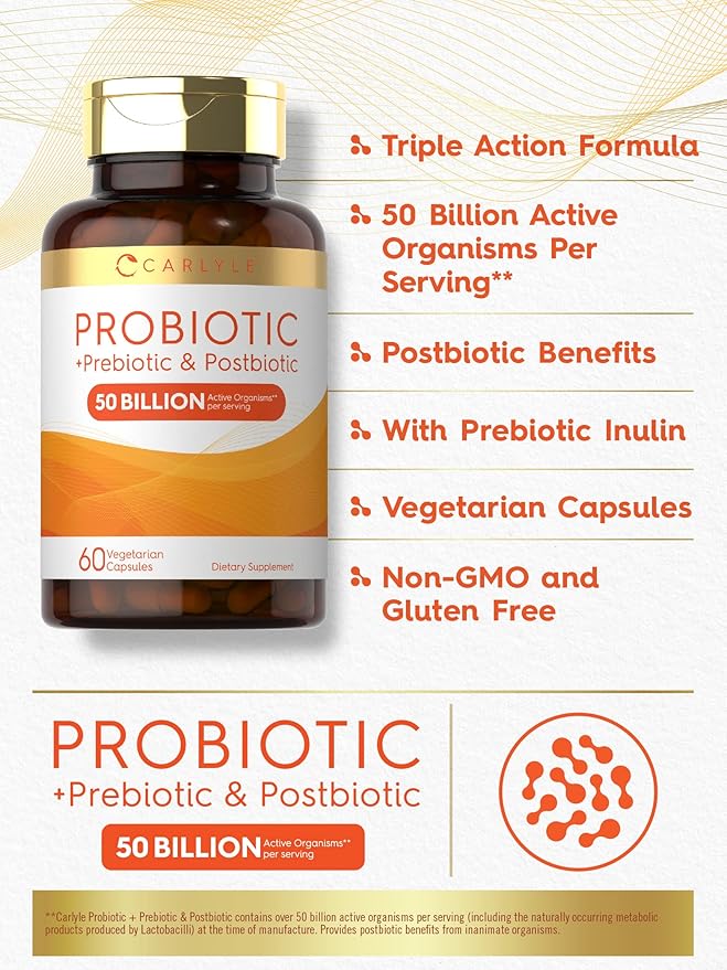 Carlyle Probiotic for Women and Men | 50 Billion CFU | 60 Capsules | Plus Prebiotic and Postbiotic | Complex Supplement | Vegetarian, Non-GMO, and Gluten Free