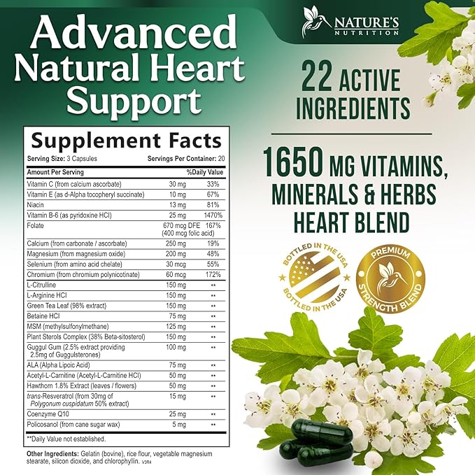 Heart Health Supplements 1650mg - CoQ10 and Antioxidants for Heart Health Support with Hawthorn, Plant Sterols & More Vitamins to Support Nitric Oxide & Energy Production, Non-GMO - 60 Capsules