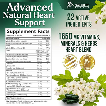 Heart Health Supplements 1650mg - CoQ10 and Antioxidants for Heart Health Support with Hawthorn, Plant Sterols & More Vitamins to Support Nitric Oxide & Energy Production, Non-GMO - 60 Capsules