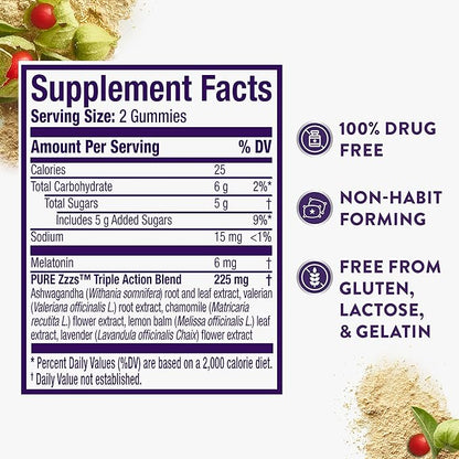 ZzzQuil PURE Zzzs Triple Action, Melatonin Gummies, Melatonin 6mg, 3X Melatonin, Sleep Aid with Ashwagandha, Calm Mood, Antioxidant Action, Sleep Aids for Adults, 60 Sleep Gummies