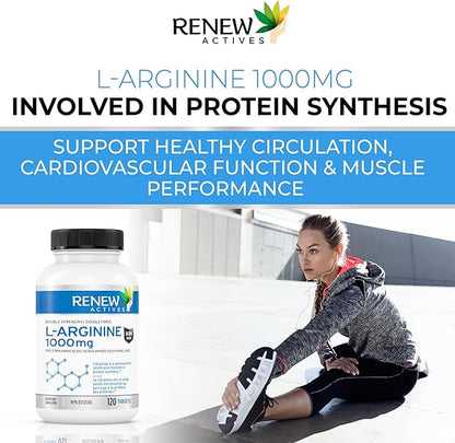 Renew Actives L-Arginine Supplement 1000MG for Serving - Strength & Endurance, Essential for Protein Synthesis & Muscle Function, Physical Performance Booster - Made in Canada - 120 Tablets