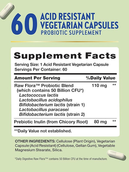 Raw Flora Probiotic with Prebiotics | 50 Billion CFU | Daily Digestive Capsules | Vegetarian & Gluten Free Supplement for Men and Women | by Nature's Truth
