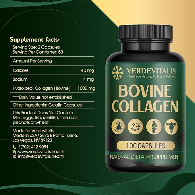 Bovine Collagen Capsules for Men and Women– Type I & III for Hair, Skin, Nails, Joints – Non-GMO, Made in USA – 100 Capsules