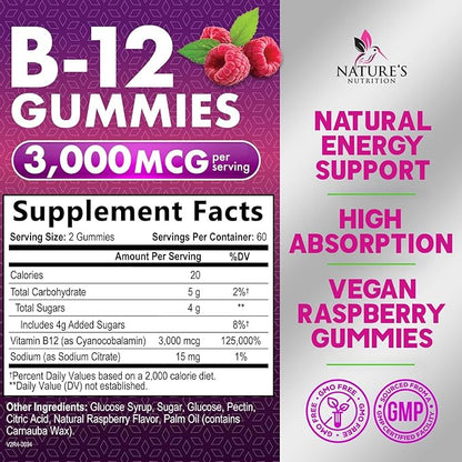 B12 Gummies for Adults, Extra Strength Energy 3000 mcg - B-12 Energy Metabolism & Immune System Support - Chewable Dietary Supplement for Adults & Kids Caffeine Free Gummy Vitamin - 120 Gummies