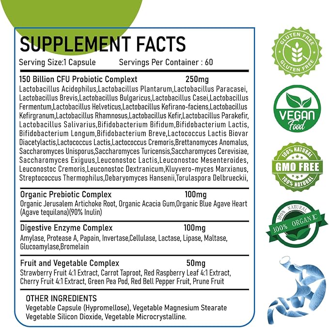 Organic Probiotic and Prebiotics,150 Billion CFU 34 Strains, Digestive Enzymes,for Men and Women, 60 Vegan Capsules for Gut Health & Digestive Support, Non-GMO, Gluten Free