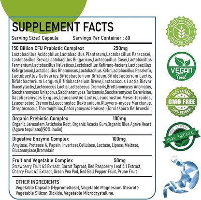 Organic Probiotic and Prebiotics,150 Billion CFU 34 Strains, Digestive Enzymes,for Men and Women, 60 Vegan Capsules for Gut Health & Digestive Support, Non-GMO, Gluten Free