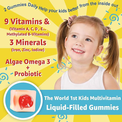 Sugar Free Kids Multivitamin Gummies (Made in USA) with Iron, Probiotics, Vegan Omega 3 (EPA/DHA), Kids Daily Vitamins A, C, D, B Complex, for Healthy Growth, Boost Immunity, Orange Flavor, 120 Count
