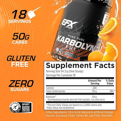 EFX Sports Karbolyn Fuel | Fast-Absorbing Carbohydrate Powder | Carb Load, Sustained Energy, Quick Recovery | Stimulant Free | 18 Servings (Orange)