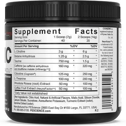 PEScience Prolific Energy Pre Workout – L Citrulline for Nitric Oxide, Rhodiola & CDP Choline Nootropic for Focus – Preworkout for Men & Women – 40 Scoops, Sour Green Apple
