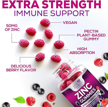 Zinc Supplement 50mg Gummies for Adults - Max Strength Skin Health & Immune Support Gummy, Vegan, Non-GMO & Gluten Free, Nature’s Antioxidant & Bone Health Chewable Zinc Vitamins - 60 Gummies