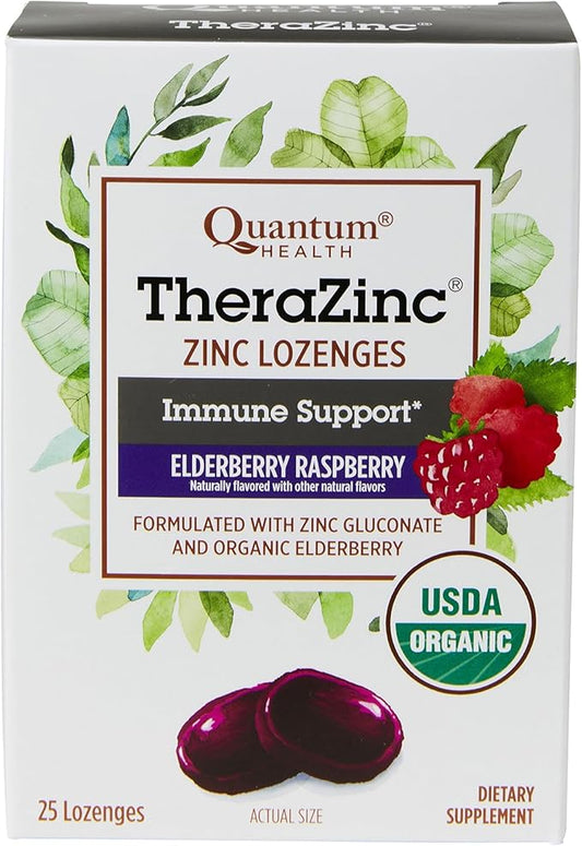 Quantum Health TheraZinc Organic Zinc Lozenges Elderberry Sambucus Raspberry & Honey Immune Support for Adults & Kids 12+ Naturally Flavored Fast Relief with No Aftertaste - 25 Count