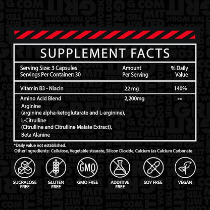 Gains in Bulk L Arginine Amino Acids Supplement for Nitric Oxide Support, Supplements for Men with L-Arginine, L Citrulline and L Ornithine, Muscle Pump, Energy and Heart Health Support, 90 Capsules