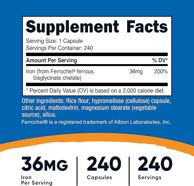 Nutricost Chelated Iron, As Ferrochel, 36mg, 240 Capsules (2 Bottles)