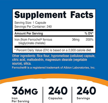 Nutricost Chelated Iron, As Ferrochel, 36mg, 240 Capsules (2 Bottles)