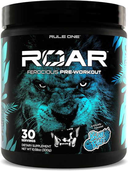 Rule 1 R1 Roar - Pre-Workout Powder with Creatine, Beta-Alanine, Citrulline, Electrolytes & Caffeine (30 Servings, Blue Razz)