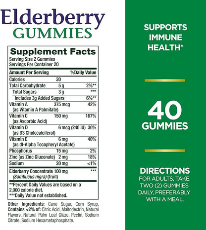 Nature's Bounty Elderberry Gummies, Immune Support, Contains Vitamin A, C, D, E and Zinc, 40 Gummies