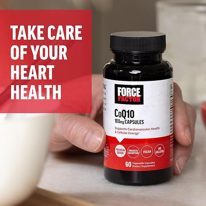 FORCE FACTOR CoQ10 100mg, Coenzyme Q10 Heart Health Supplement with Enhanced Absorption, Premium Grade Coq 10, Vegan, Dairy Free, Gluten Free, and Non-GMO, 60 Vegetable Capsules