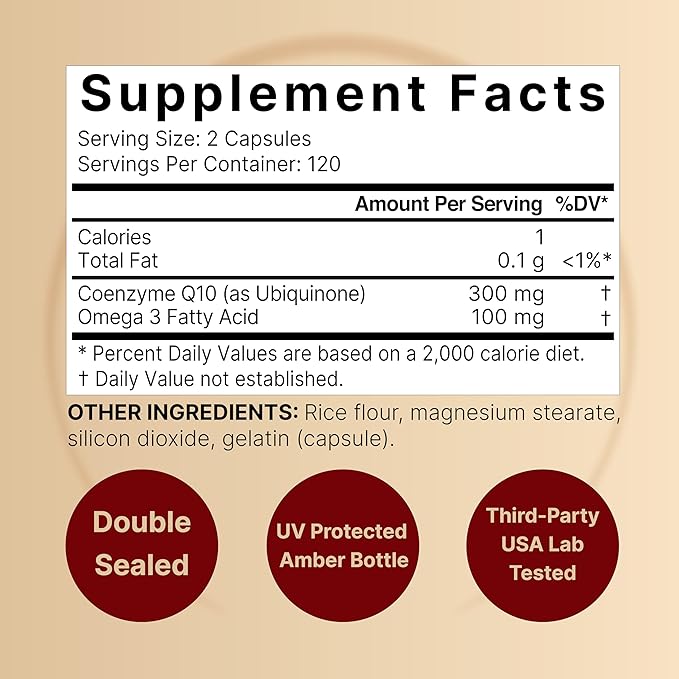 CoQ10 (Ubiquinone) 300mg with Omega 3, 240 Capsules - 120 Day Supply | Stable High Absorption Form – Antioxidant Support for Heart & Energy Health – Extra Strength Coenzyme Q10 Supplement