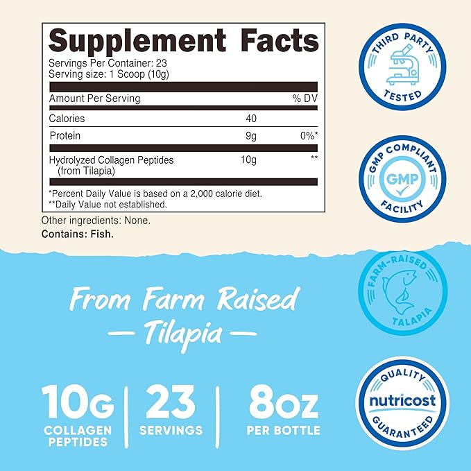 Nutricost Marine Collagen Powder Sustainably Sourced Fish (8 oz) - 23 Servings, 9 G Protein Per Serving, Non-GMO, GMP Compliant