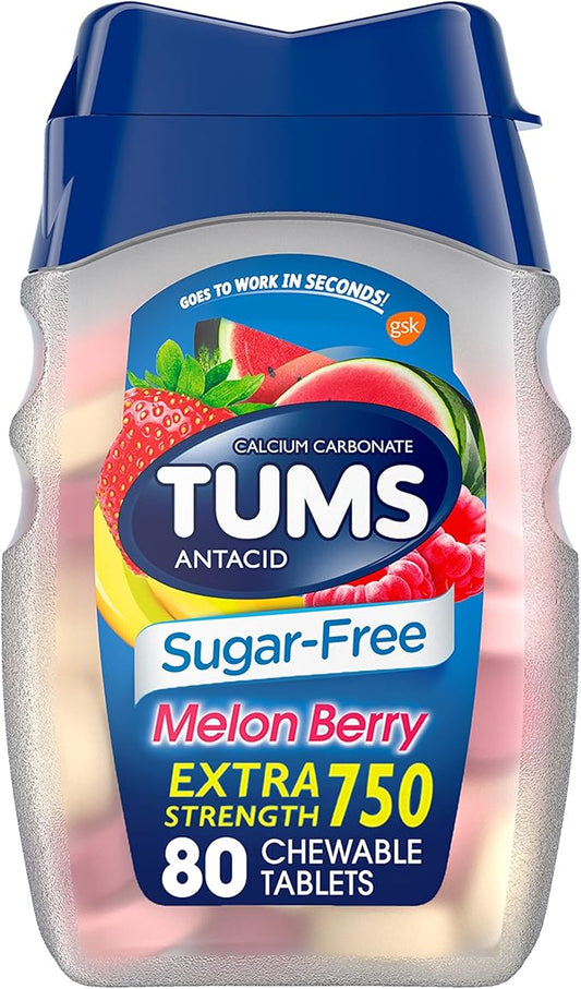 TUMS Extra Strength Chewable Sugar Free Antacid Tablets for Heartburn Relief, Melon Berry - 80 Count