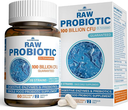 Raw Probiotics for Women & Men - 100 Billion CFU, 35 Strains, Organic Prebiotics & Natural Digestive Enzymes for Digestive, Gut & Immune Health - Soy and Gluten Free, Non-GMO, 120 Vegan Capsules