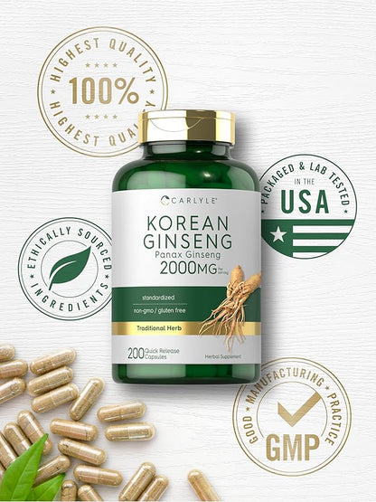 Carlyle Korean Ginseng Extract Capsules 2000 mg | 200 Capsules | Non-GMO and Gluten Free Formula | Standardized Panax Ginseng Supplement