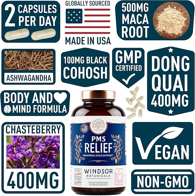 PMS Support Supplement for Women with Chasteberry, Maca Root, Ashwagandha - Period Relief, Bloating Relief for Women, Mood Support, Hormone Balance Herbal Supplements - 30 Day, 60 Vegan Capsules
