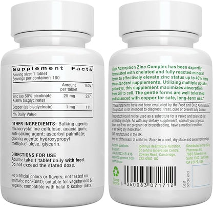 Daily Vitamin D3 + Zinc Complex Vegetarian Bundle, 365 2000iu Vitamin D3 Tablets + 25mg Chelated Zinc Picolinate & Bisglycinate with Copper, by Igennus