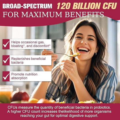 Probiotics for Women, 120 Billion Women Probiotic, Digestive Enzymes & Prebiotics, with Akkermansia, Cranberry, D-Mannose, for Gut, Vaginal, Urinary, Immune, PH Balance, 120 Vegan Capules