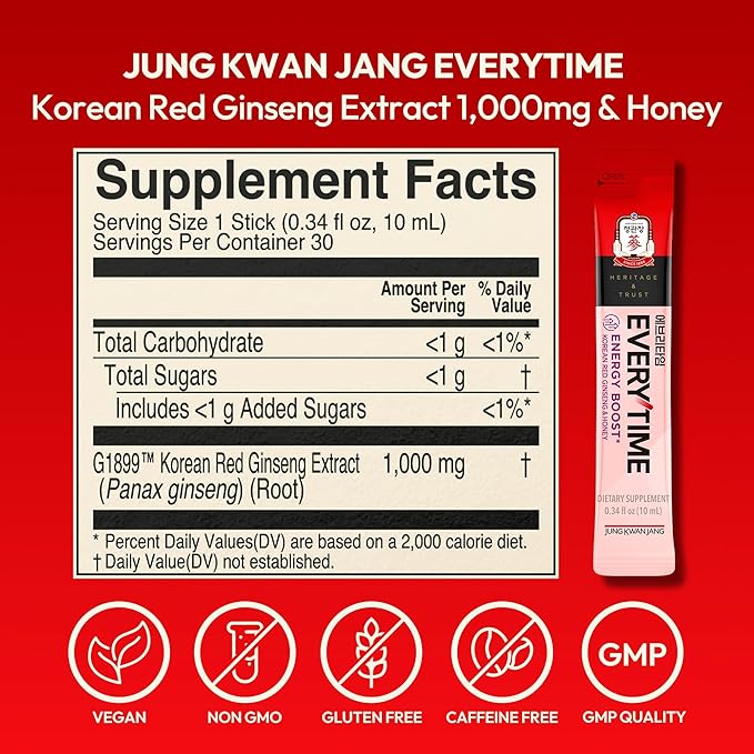 Everytime Energy Boost Korean Red Ginseng Extract 1,000mg & Honey - Vegan Ginseng Energy Drink Liquid Stick Supplements - Builds Stamina & Immunity No Caffeine (30 Sticks, 0.34 fl oz)