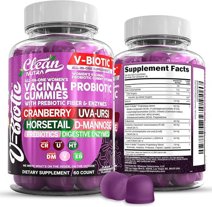 Clean Nutraceuticals Vaginal Probiotics for Women Gummies with Cranberry, Uva Ursi, Horsetail, D-Mannose, Prebiotics & Digestive Enzymes, Vaginal Health Supplement for pH Balance Flora Odor VBiotic