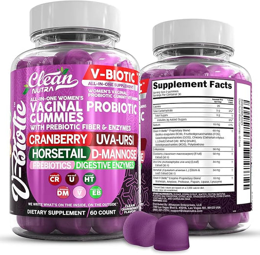 Clean Nutraceuticals Vaginal Probiotics for Women Gummies with Cranberry, Uva Ursi, Horsetail, D-Mannose, Prebiotics & Digestive Enzymes, Vaginal Health Supplement for pH Balance Flora Odor VBiotic
