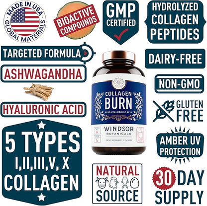 Thermogenic Multi Collagen Burn Capsules - Hydrating Hyaluronic Acid, Marine Collagen Supplements for Women and Men & Vitamin C - Hydrolyzed Collagen Complex 5 Types- 2-Pack, 180 Pills