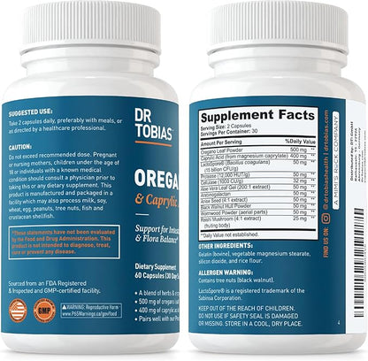 Dr. Tobias Oregano and Caprylic Acid Blend, Gut Flora Balance Complex with Probiotics & Enzymes for Intestinal and Immune Support, Gut Health Supplements for Women & Men, 60 Capsules, 30 Servings
