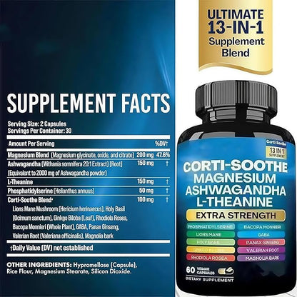 Corti-Soothe Cortisol Supplement,Magnesium Glycinate 200mg, L-Theanine 150mg, Phosphatidylserine 50mg & Manager Lions Mane Holy Basil Ginkgo Biloba Bacopa Monnieri Valerian (60 Capsules) DD