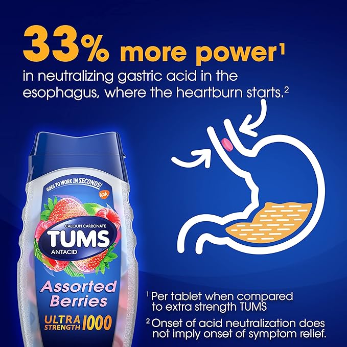 TUMS Ultra Strength Chewable Antacid Tablets for Heartburn Relief and Acid Indigestion Relief, Assorted Berries - 72 Count