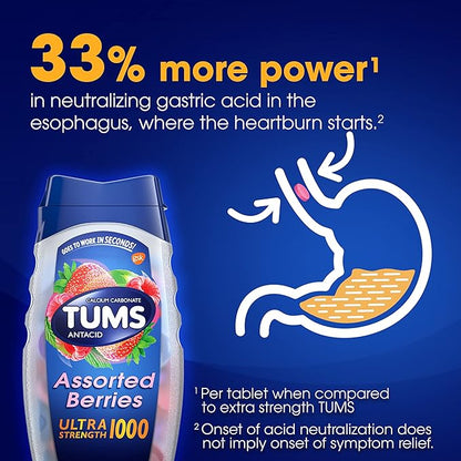 TUMS Ultra Strength Chewable Antacid Tablets for Heartburn Relief and Acid Indigestion Relief, Assorted Berries - 72 Count