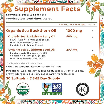 Organic Sea Buckthorn Oil, Omega-7 Complete Softgels, 30 Count, with Omega 3, 6 & 9, Supports Hair, Skin & Nail Health, 1000mg per Serving