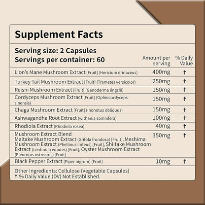 Lion’s Mane+ Mushroom Complex 1600mg - 120 Capsules - Supports Cognitive, Focus & Clarity Health with Ashwagandha, Reishi, Cordyceps & Chaga - Third-Party Tested, Vegan, Non-GMO, Gluten-Free