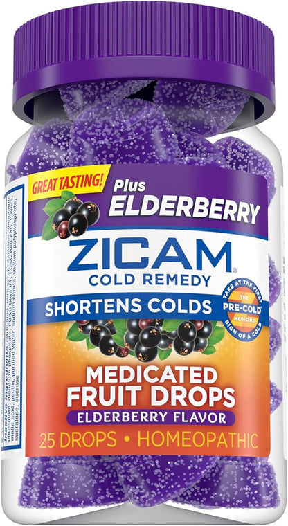 Zicam Cold Remedy Zinc Medicated Fruit Drops, Elderberry, 25 Count (Pack of 2)