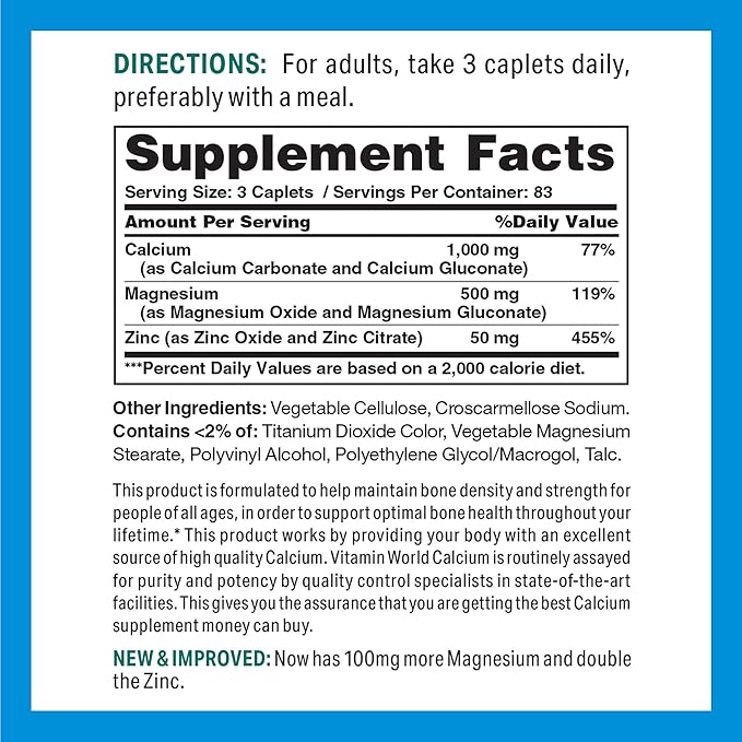 Vitamin World Calcium Magnesium Zinc"Promotes Bone Health 250 Coated caplets