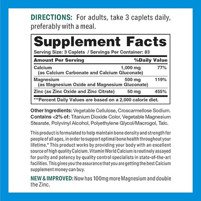 Vitamin World Calcium Magnesium Zinc"Promotes Bone Health 250 Coated caplets