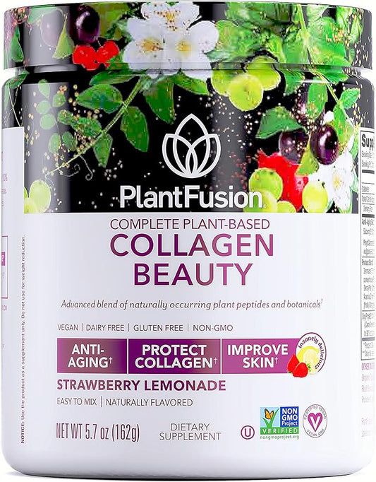 PlantFusion Vegan Collagen Beauty - Vegan Collagen Powder for Women - Hair Skin and Nails Vitamins - Gluten Free, Non-GMO, Non-Dairy (Strawberry Lemonade 18 Servings)