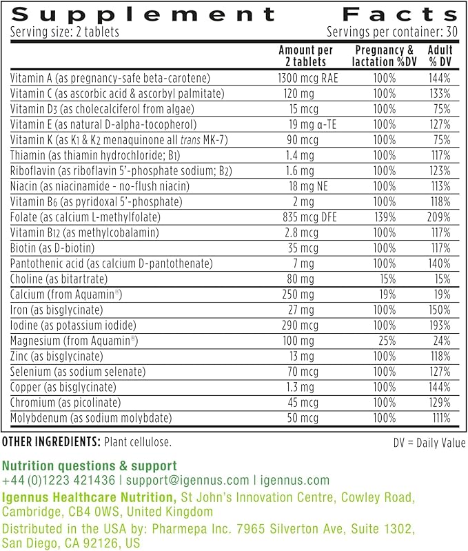 Igennus Methylated Prenatal Multivitamin for Women, Folate for MTHFR, High Absorption, Clean Label, Gentle Iron, Choline, Calcium & Magnesium, Vegan Pregnancy Vitamins, Halal, Non-GMO, 60 Tablets x6
